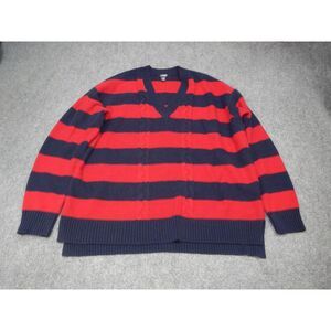 CHAPS Sweater Womens XL Navy Blue Red Striped V-Neck Cotton Blend Nautical Style